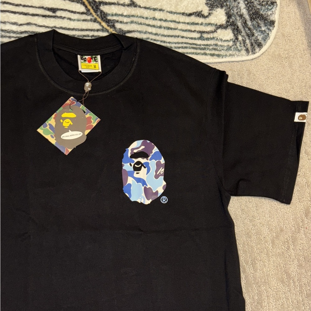 Bape Black Tee with Blue Camo Ape Logo